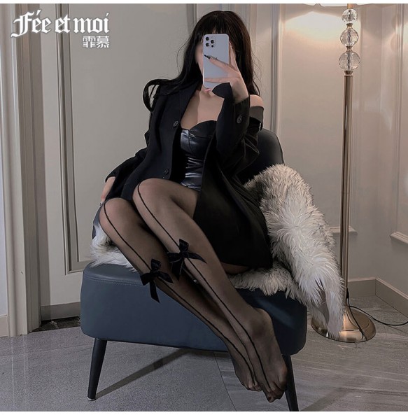 FEE ET MOI - Bow Open-Crotch Pantyhose (Black - Black)